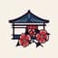 Explore Korea - Traditional Korean temple and red flowers icon